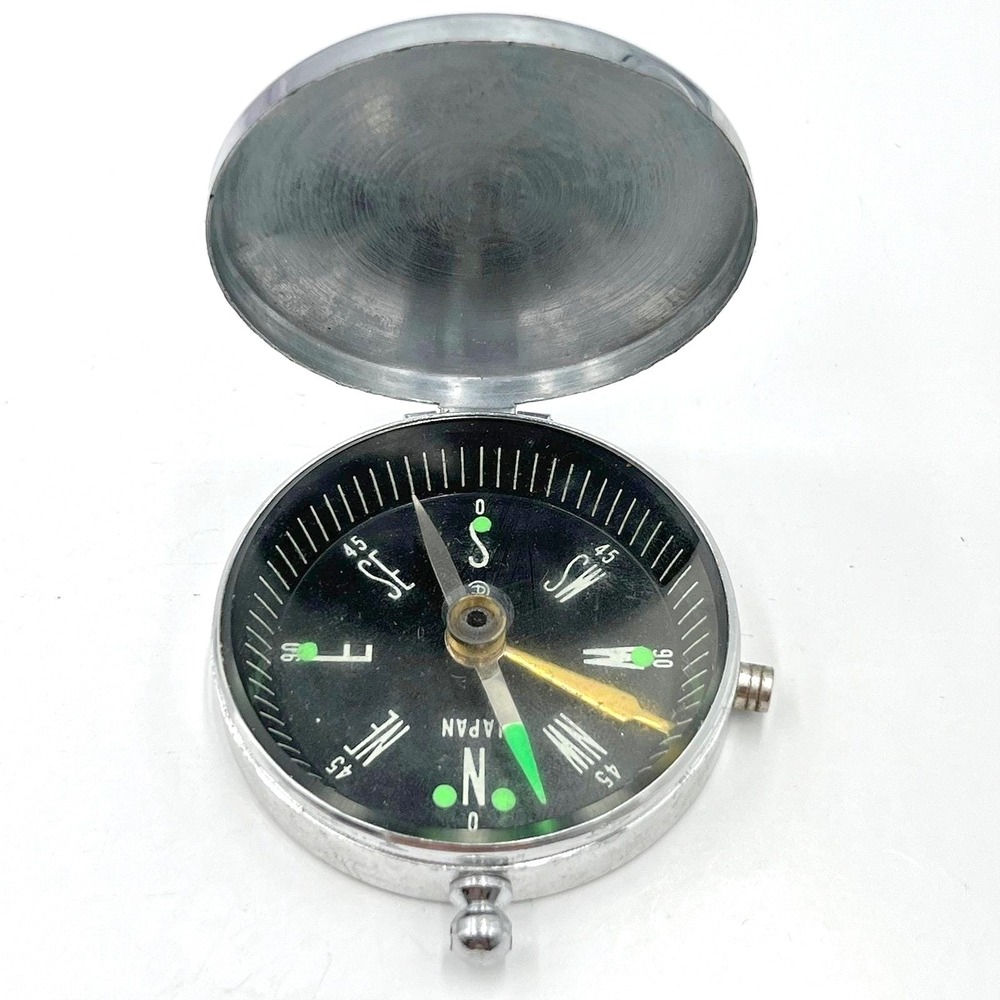 Vintage Silver Tone Japan Pocket Compass Hunting Style Hinged Lid Monogram "D"